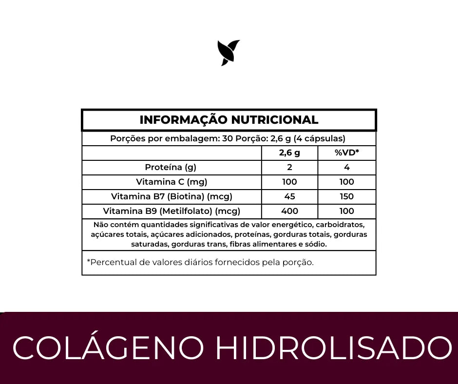 Colágeno Hidrolisado com Biotina, Metilfolato (B9) e Vitamina C - 120 Cápsulas