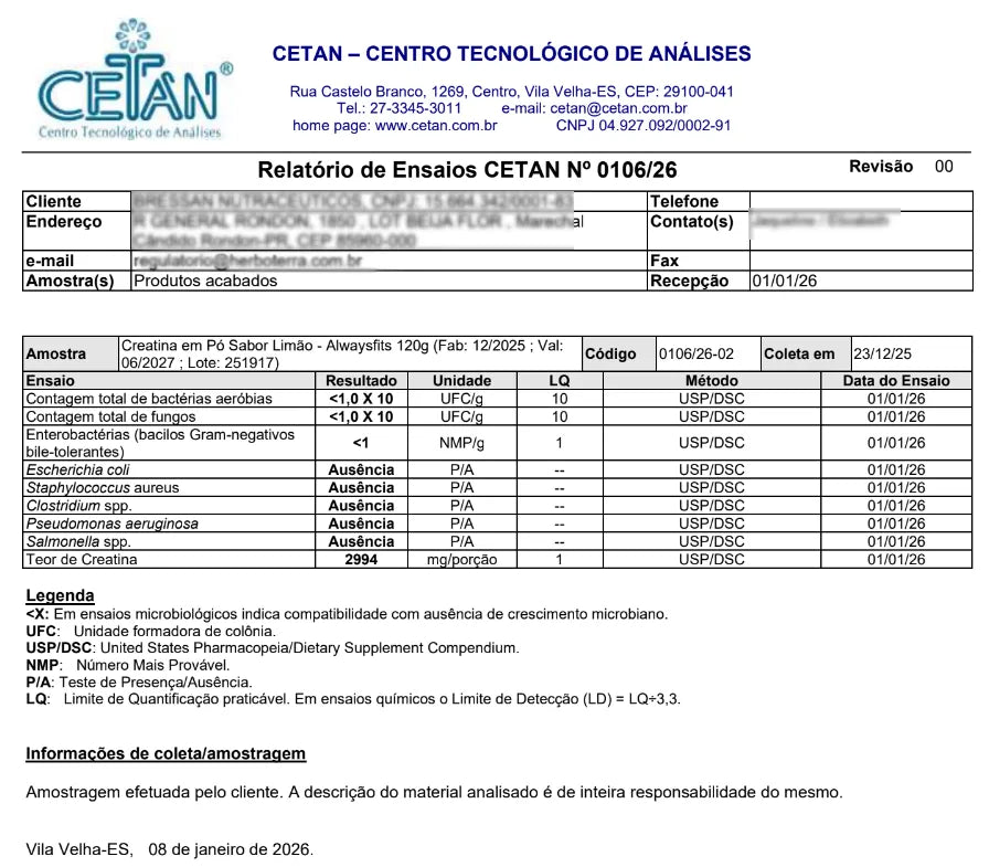 Creatina Monohidratada 100% Pura – Sabor Limão | 120g